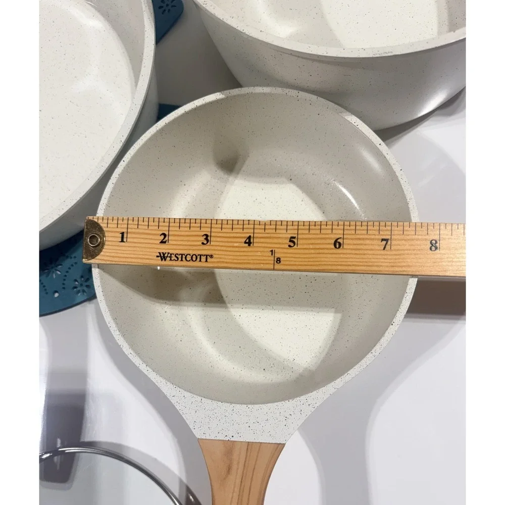 THE PIONEER WOMAN Cookware Set - Cream Speckle Wood Handles 6pc Set - NEW